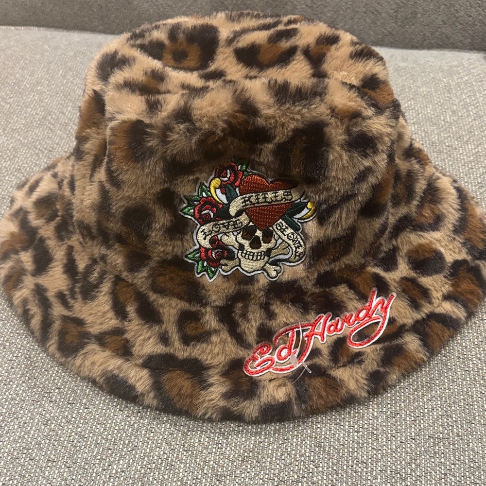 Ed Hardy Leopard Bucket Hat with Embroidery